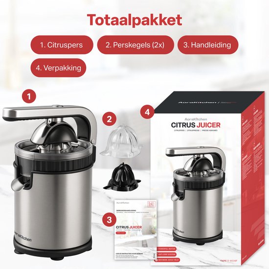 AoraKitchen Citruspers - Sinaasappelpers Elektrisch - 600ML - Citroenpers - 160W - Sapcentrifuge - 2 Perskegels