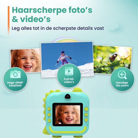 ODESSEY Kindercamera met Printer - Full HD - Selfiecamera - 32GB SD Kaart - Foto - Video - Spelletjes - Digitale Camera Kinderen - Fototoestel voor kinderen - Dino