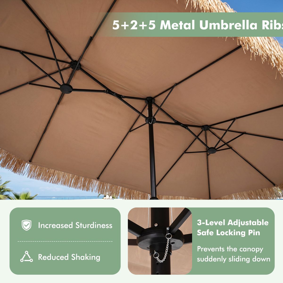 Coast Dubbele Stroparasol - tropische Hawaiiaanse stijl - zonder lamp, zonder parasolhouder - 450 x 270 cm - naturel