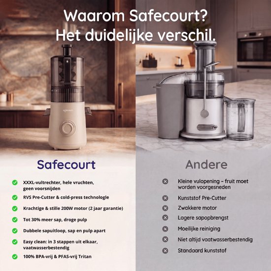 Safecourt Kitchen Slow Juicer XXL - krachtige motor [Pre-cutter & Cold-press technologie] - eenvoudige reiniging - BPA-vrij - sapcentrifuge Beige