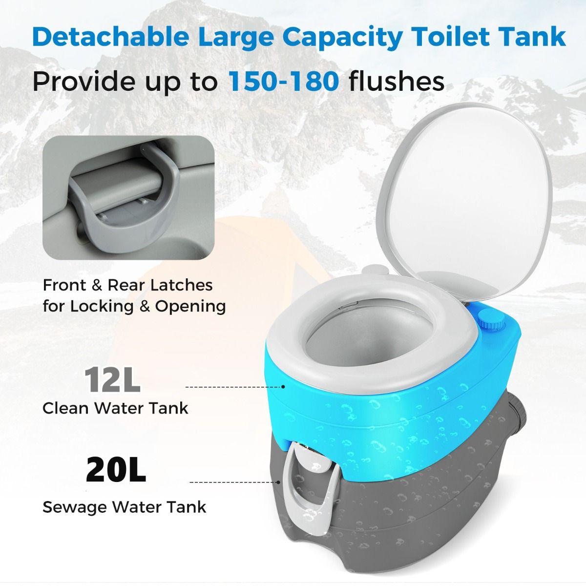 Coast Draagbaar Kampeertoilet - Afneembare 20L Watertank - met Spoelpomp - 45 x 40 x 42 cm - Grijs