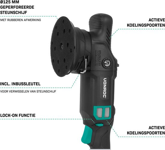 VONROC PRO Excentrische Polijstmachine 20V - Ø 125mm - Brushless motor – 7 snelheden (2000-5000/min) - Soft Start - Incl. Steunschijf - Excl. Accu en snellader