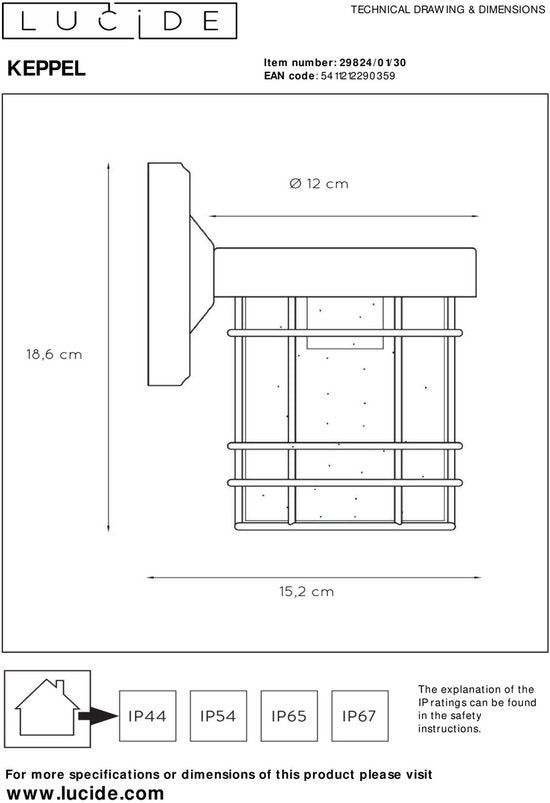 Lucide KEPPEL - Wandlamp Binnen/Buiten - 1xE27 - IP23 - Zwart