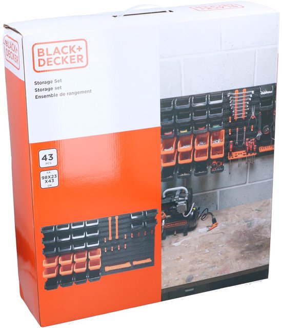 BLACK+DECKER Gereedschapsbord met Opbergbakjes en Hangers - 98 x 23 x 43 CM - 43 Onderdelen - Gereedschapswand