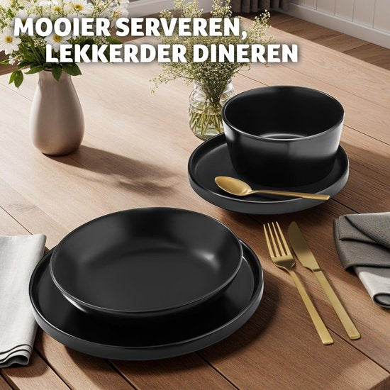 tectake® Serviesset Una - 24-delig - Aardewerk 6 personen - Stijlvol, duurzaam en ideaal voor dagelijks gebruik of feestelijke gelegenheden - Grote en kleine borden, kommen/schaaltjes - mat zwart