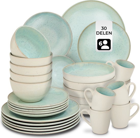 tectake® Serviesset Mare - 30-delig - Aardewerk met Glanzend Glazuur - 6 Persoons - Handgemaakt Servies - Moderne Bordenset met Grote en Kleine Borden, Kommen, Schaaltjes en Kopjes - Vaatwasser- en Magnetronbestendig - Munt