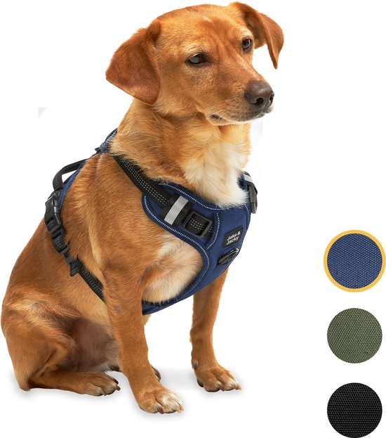 Jake and Jacky Hondentuigje - Anti-Trek Tuig - Hondenharnas - Y Tuig Hond - Reflecterend - Blauw - Maat S