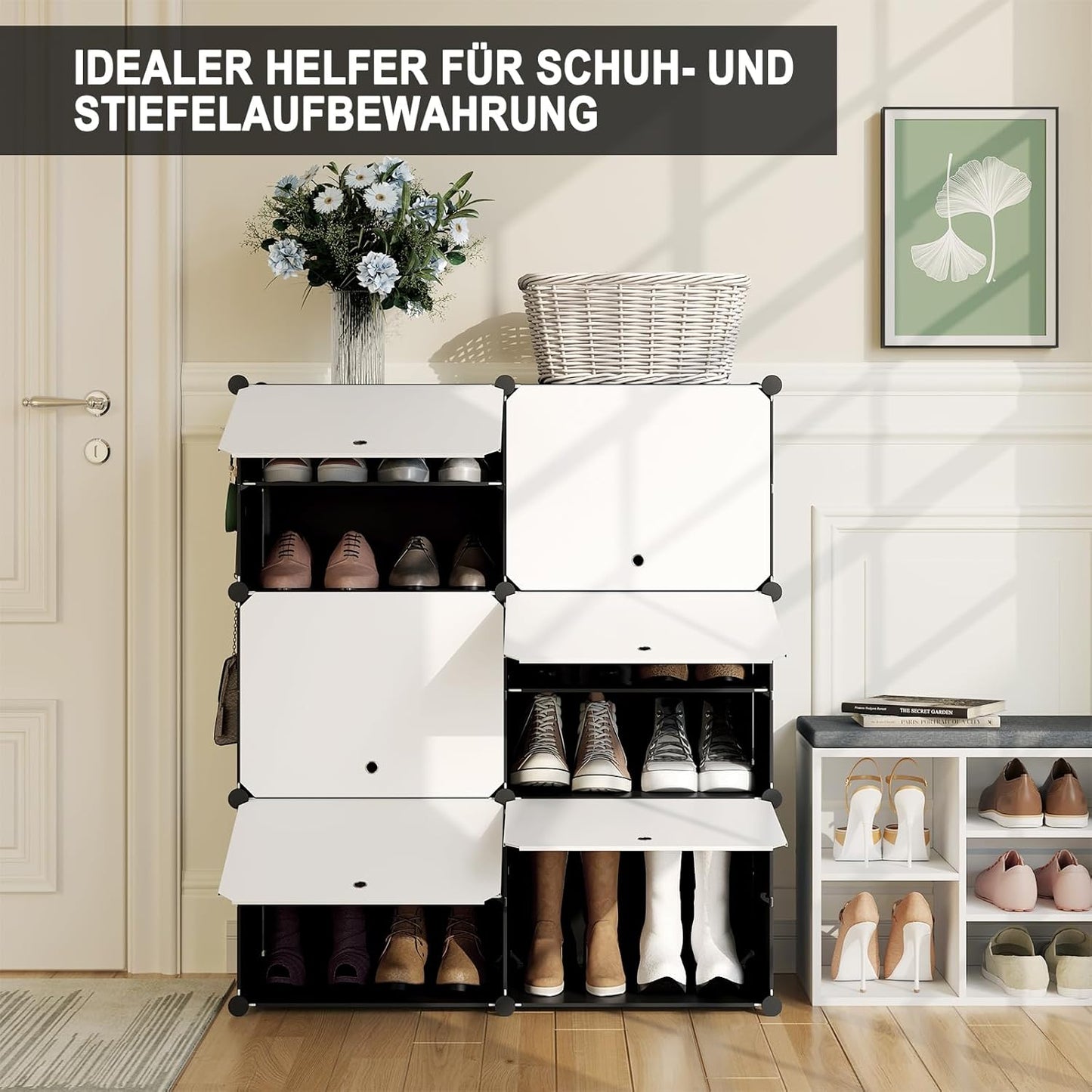 Woltu Schoenenrek met 6 Vakken - Opbergkast voor 24 Paar Schoenen - Wit/Zwart - 94 x 36,5 x 109 cm