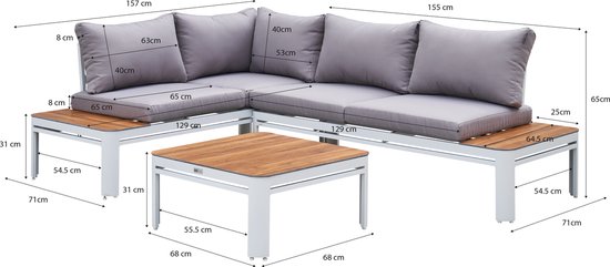 AXI Eos Loungeset met ligbed Wit met Hout-look PSPC – Hoekset met tafel - Gepoedercoat aluminium frame – Geïntegreerd ligbed - PSPC tafelblad