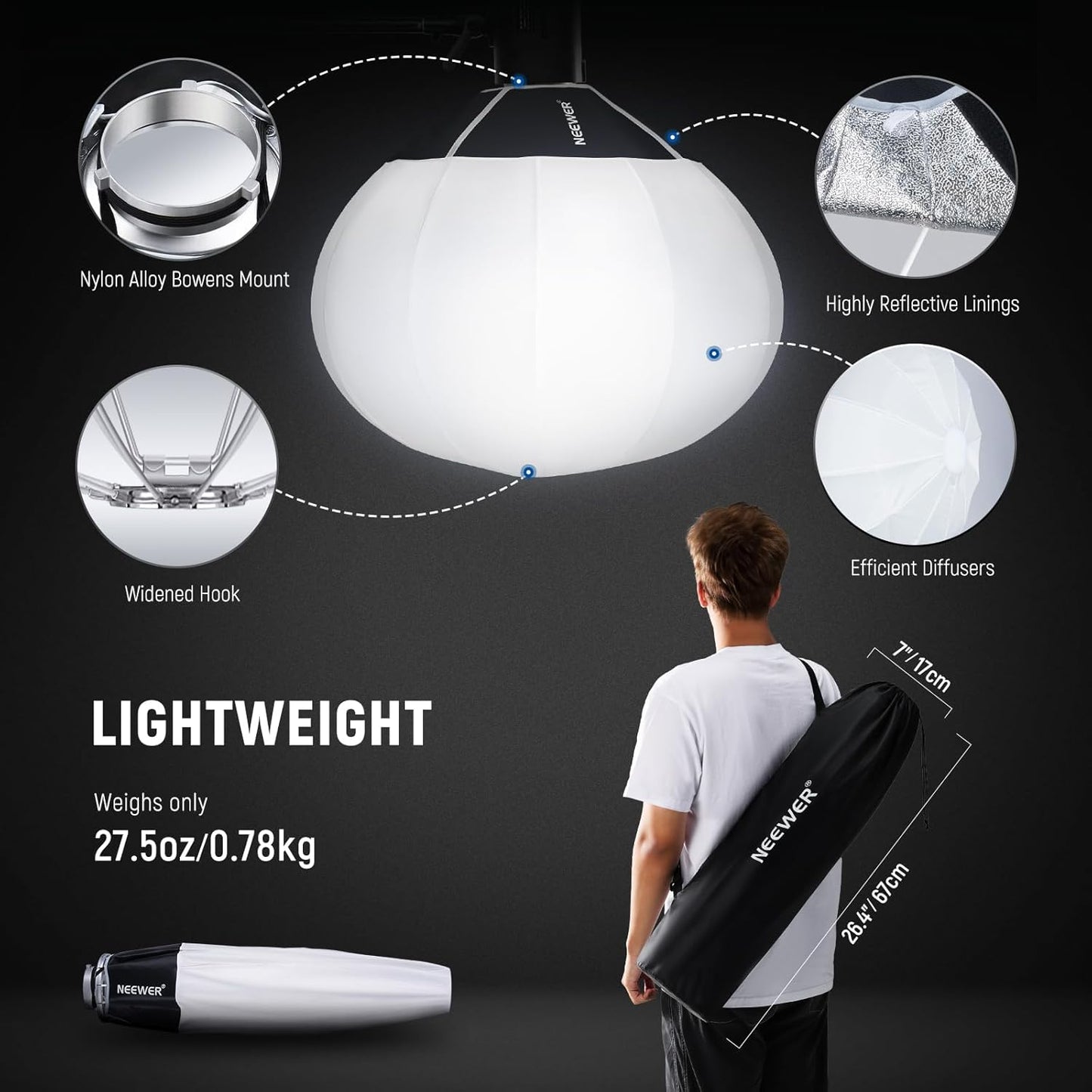 Neewer 50cm Lantaarn Softbox Wit - Quick Release 360° Lichtdiffuser met Bowens Mount voor LED Videolampen