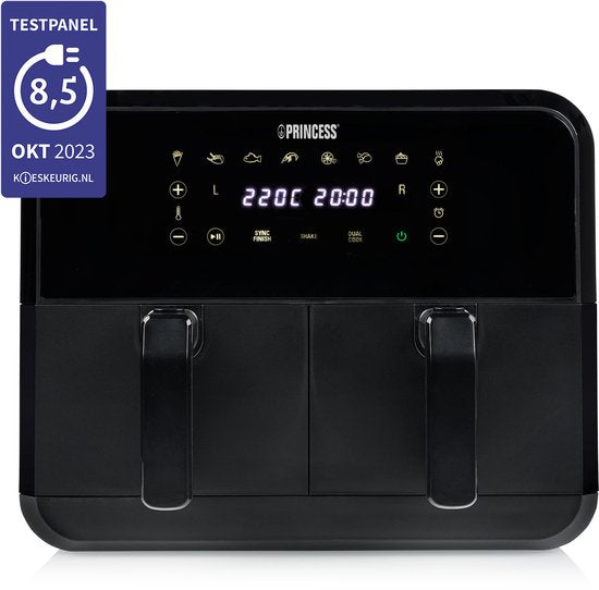 Princess Double Basket Airfryer 182068 - Dubbele Airfryer - 8 liter - 2 manden - XXL - 8 programma’s - 2400W - Dubbele heteluchtfriteuse - Touchscreen - Zwart - 80 °C tot 220°C - Sync functie
