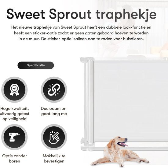 Oprolbaar Traphekje met stickerfunctie - Veiligheidshekje - Verstelbaar - Hondenhekje - Traphekje zonder boren - Kinderhekje - Voor dieren en kinderen - 10 tot 150 cm breed - Wit - Sweet Sprout