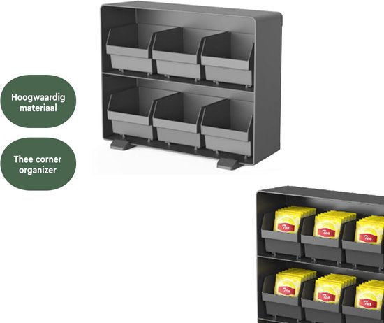 BRASQ Thee Organizer Zwart TB100 - Theedoos 6 vaks - keukenorganizer - Theedoos - Theezakjeshouder - Ruimtebesparend Opbergsysteem