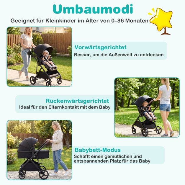 Coast 3-in-1 Kinderwagen – Omkeerbare Reiswieg – 59,5 x 74 x 112 cm – Zwart