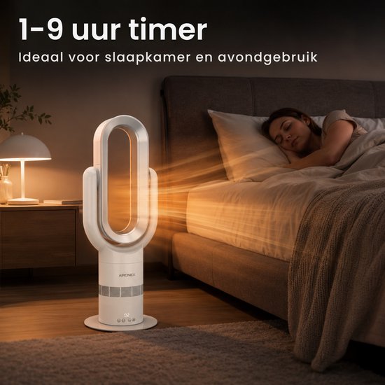 Aironex Swing Bladloze Ventilator met Verwarming – Ventilatorkachel – 2-in-1 Koelen & Verwarmen – 10 Standen – 71° Oscillatie – Afstandsbediening – Wit