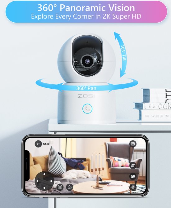 Fuegobird ZOSI C518 Indoor IP Camera - 3MP - Intercomfunctie - Beveiligingscamera - Huisdiercamera - Baby camera - Compatibel met 2.4G/5G WIFI - Werkt met app - Wit