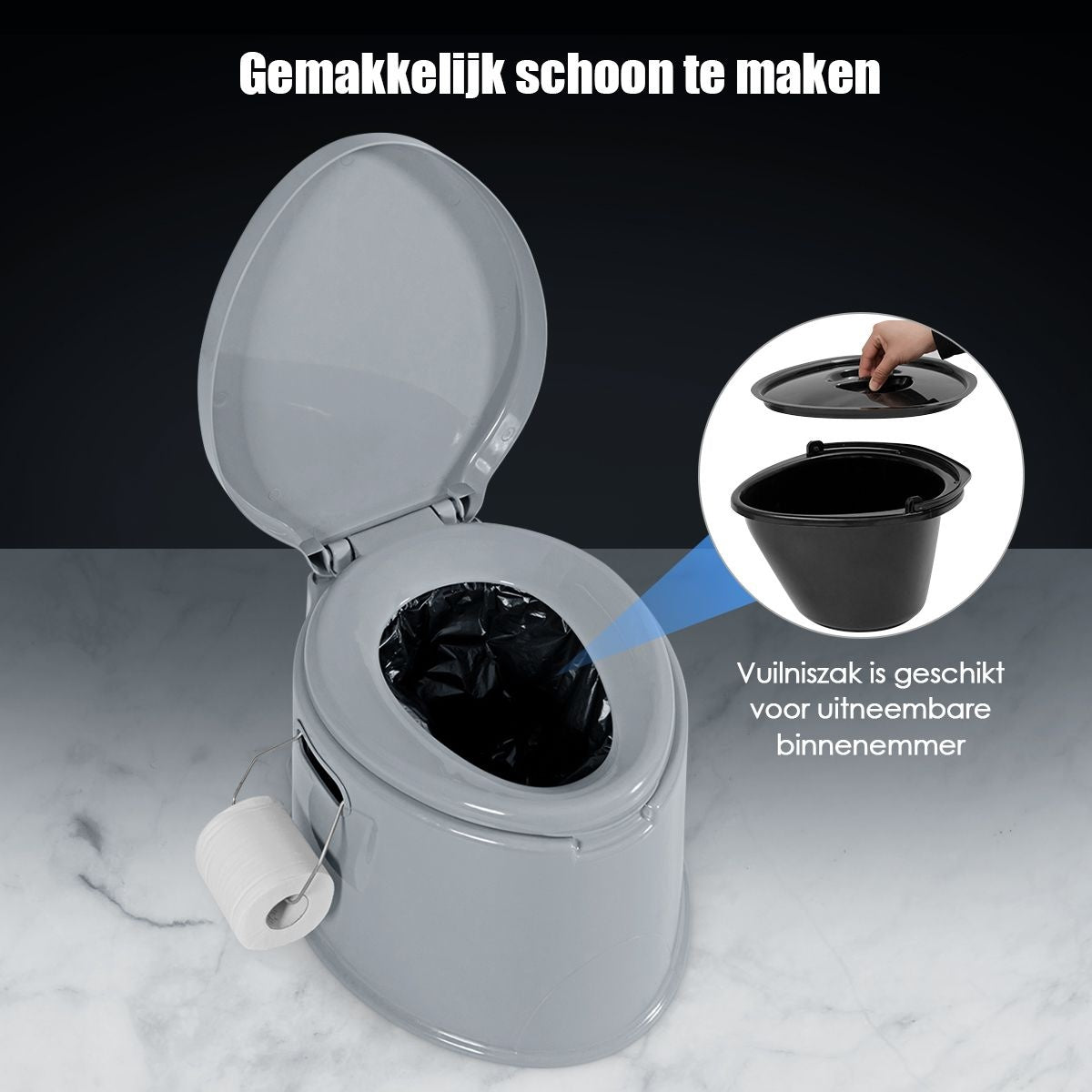 Coast Draagbare Toiletpot voor op Reis - Uitneembare Binnenemmer - Toiletpapierhouder - 41 x 49 x 34 cm - Grijs