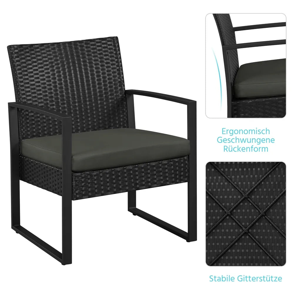 Yaheetech Tuinmeubelset 3-delig - Zwart/Grijs - Polyrattan Balkonset met Bijzettafel