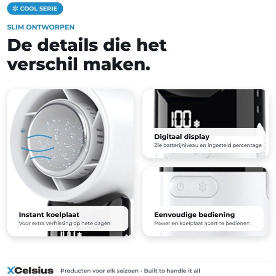 XCelsius® Handventilator - Draagbare Mini Ventilator Opvouwbaar - Oplaadbaar met USB-C - 0% tot 100% traploos instelbaar - Met Instant Koelplaat - Wit