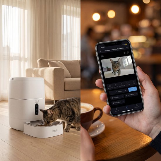 Princess Automatische Voerbak - HD Camera & Smart - 6 Liter – Kat & Hond - App‑Bediening – Geplande Voeding – Roestvrijstalen Kom – Back-up Batterij - Voerautomaat - Voerdispenser - 610065
