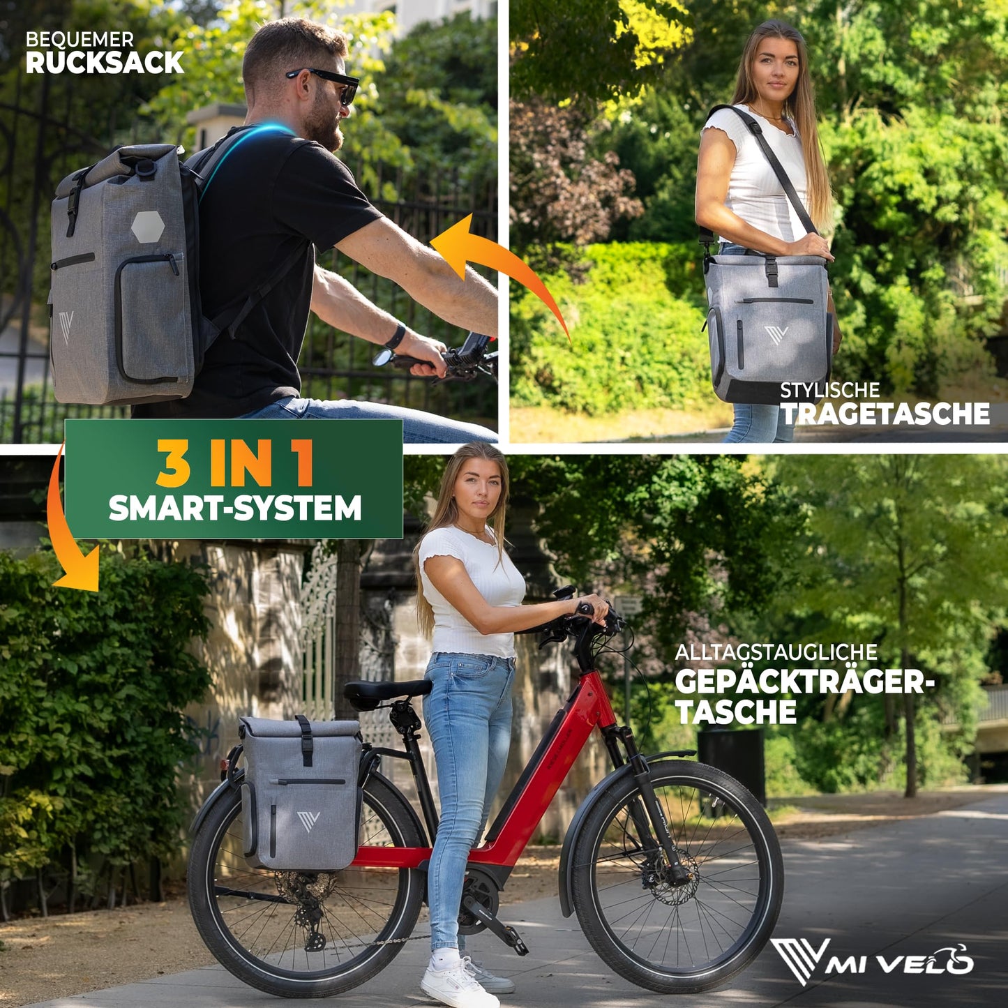 MIVELO EVO 25L 3 in 1 fietstas voor bagagedrager - rugzak en schoudertas - 100% waterdicht TPU - grijs