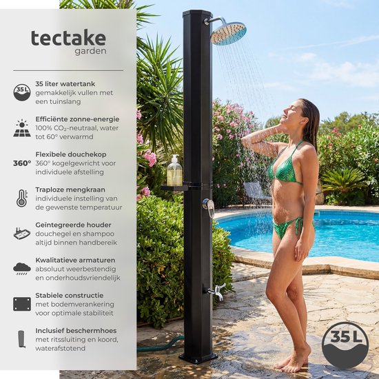 tectake® Buitendouche - Solar - 35L - Warm Water tot 60°C - Met Beschermhoes en Zeepbakje - Tuinslangaansluiting - Tuindouche met grote verstelbare douchekop en voetkraan - Zonnedouche - Campingdouche op Zonneenergie - Zwart