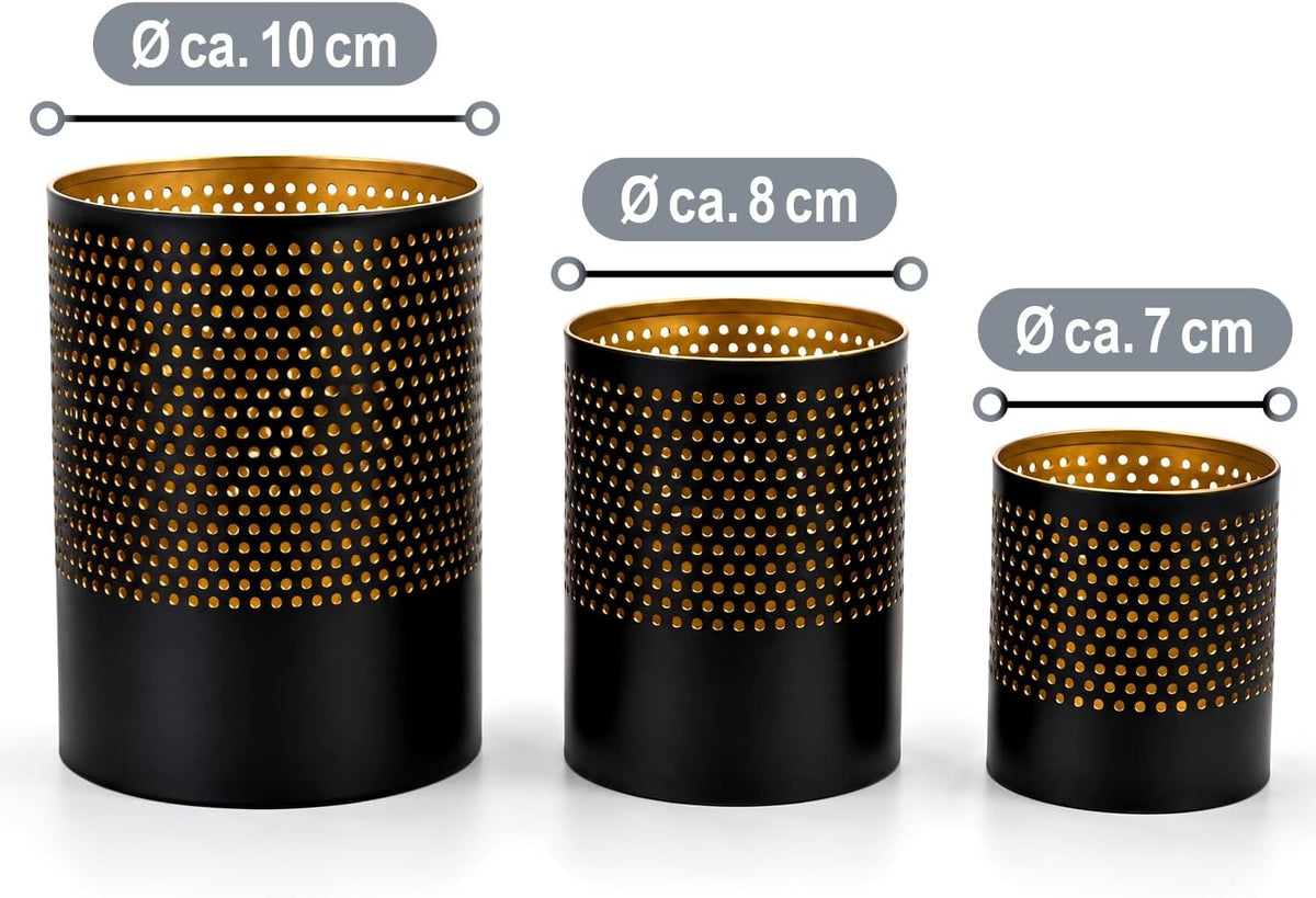 com-four® Set van 3 Metalen Lantaarns – Zwart/Goud – 7,5, 10 en 13 cm