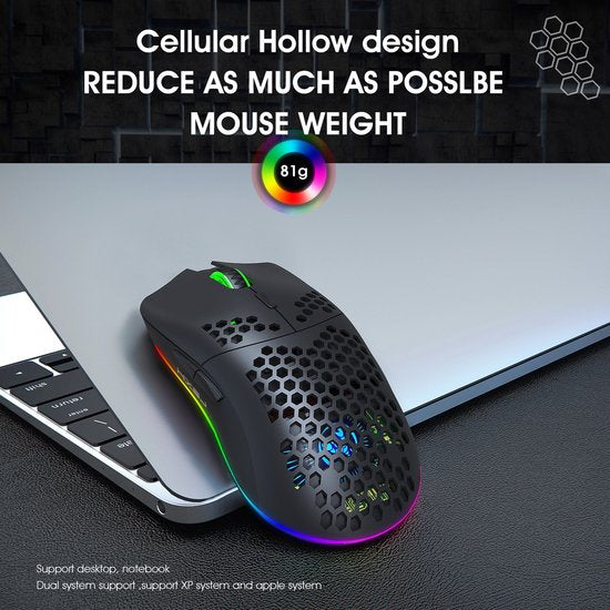 HXSJ T66 - Draadloze Gaming Muis - Computermuizen - Ultra licht - RGB Verlichting - Zwart