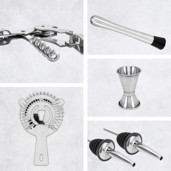 KitchenBrothers Cocktail Set - 25 delig - Inclusief Cocktail Shaker (750ml) - Compleet voor Cocktailbar - Donkerbruin/Bamboe - Cocktailset - BPA-Vrij - Met Receptenboekje - Cadeauverpakking