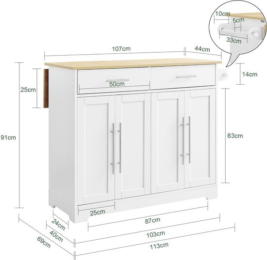 SoBuy FKW129-WN Keukentrolley op Wielen – Keukeneiland met Uitschuifbaar Werkblad, 2 Lades en Verstelbare Planken – Mobiele Keukenwagen of Eettafelkast, Wit 113x91x(44-69) cm