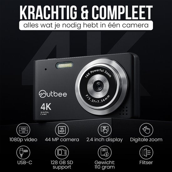 Outbee Digitale camera - Fototoestel - Digitale camera - Compact - Foto's en video's - 8 Beeldresoluties - 128GB - Zwart