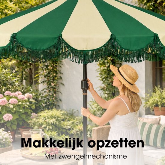 Mica Decorations Kim Gestreepte Parasol met Draagtas - Stokparasol 238 x Ø235 cm - Tuin of Balkonparasol - Polyester, Staal - Donkergroen