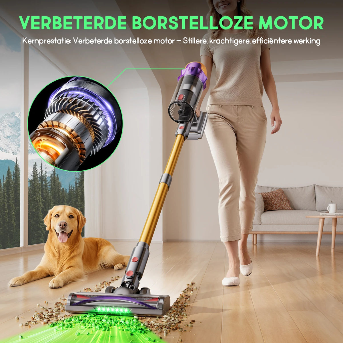 Daynee Draadloze Steelstofzuiger 65 kPa - Tot 70 Minuten Looptijd - Anti-Klit Borstel met LED - Ideaal voor Dierenhaar - Goud