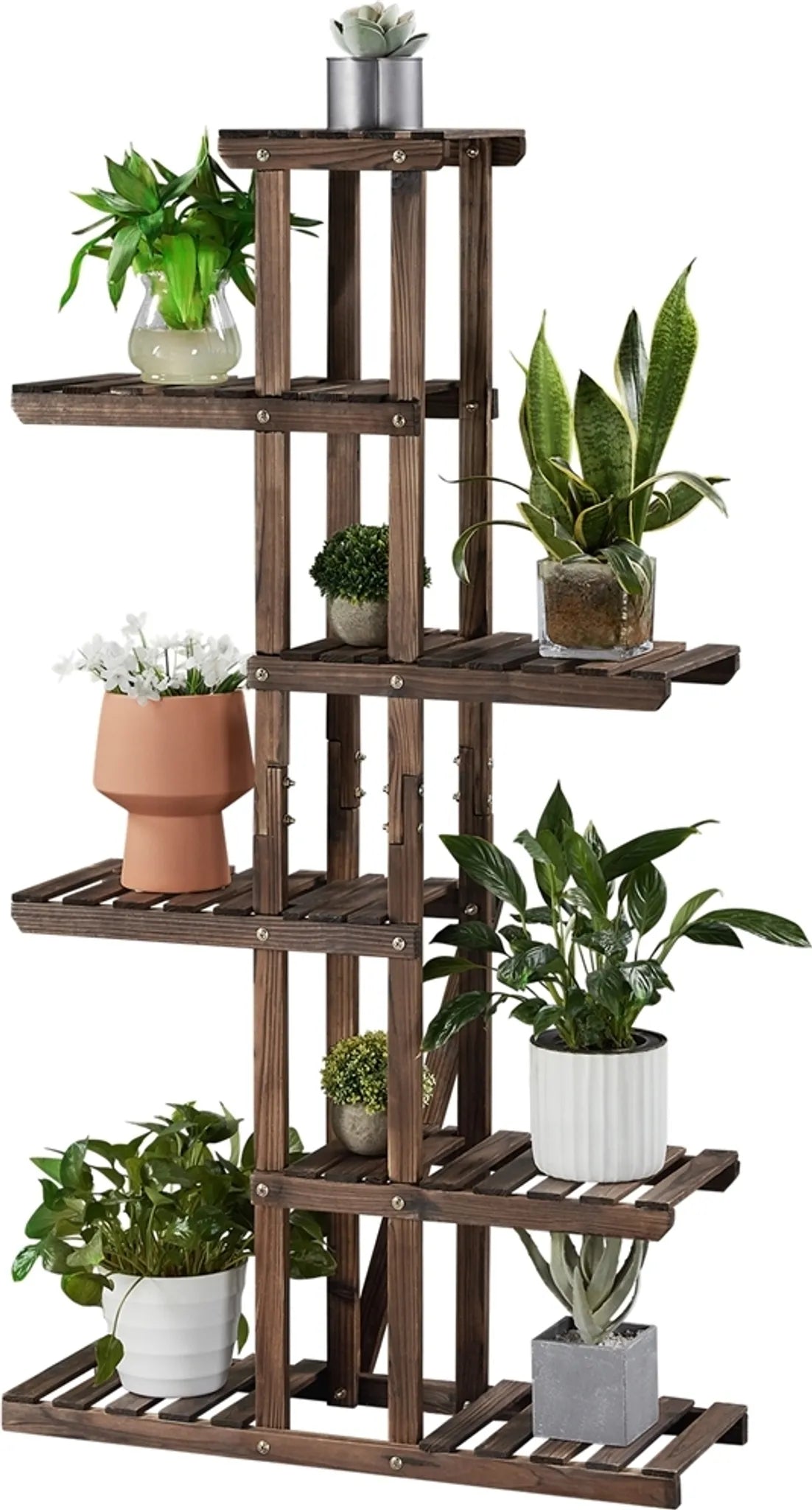 Yaheetech 6-Laags Plantenrek Voor Binnen En Buiten 140 cm Hoog – Bruin – Vurenhout En Metaal