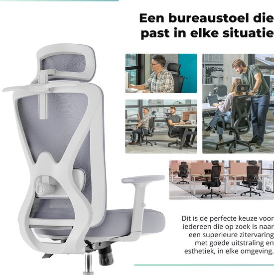 Backerz – Ergonomische Bureaustoel – 44-56 cm Zithoogte & EN1335 Gecertificeerd – Voorzien Van 3D Armleuningen En Verstelbare Lendensteun – Voor Kantoor En Gaming – Wit/Grijs Polypropeen En Mesh