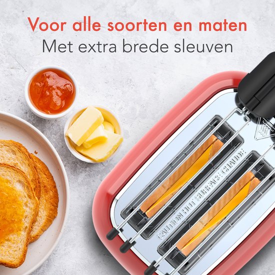 KitchenBrothers Broodrooster met Tostiklemmen - Toaster - 6 Warmteniveaus - Brede Sleuven - Broodrooster - 870W - Rood