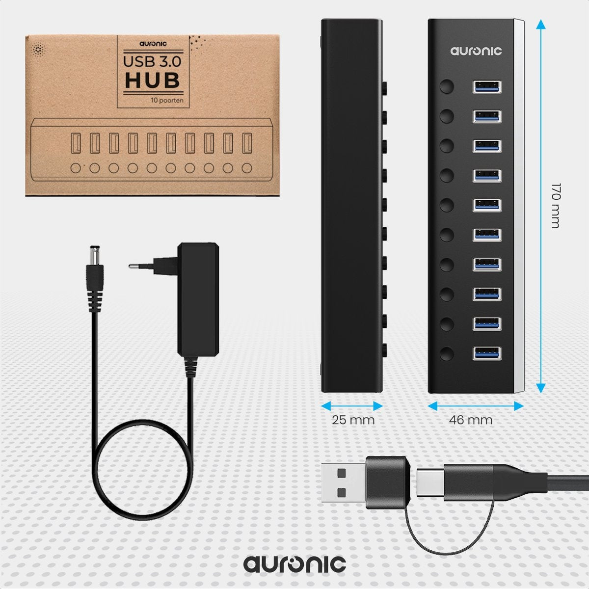 Auronic USB Hub 3.0 - USB Splitter met 10 Poorten - met Voeding - 5 GBPs - Led Indicatie - Zwart