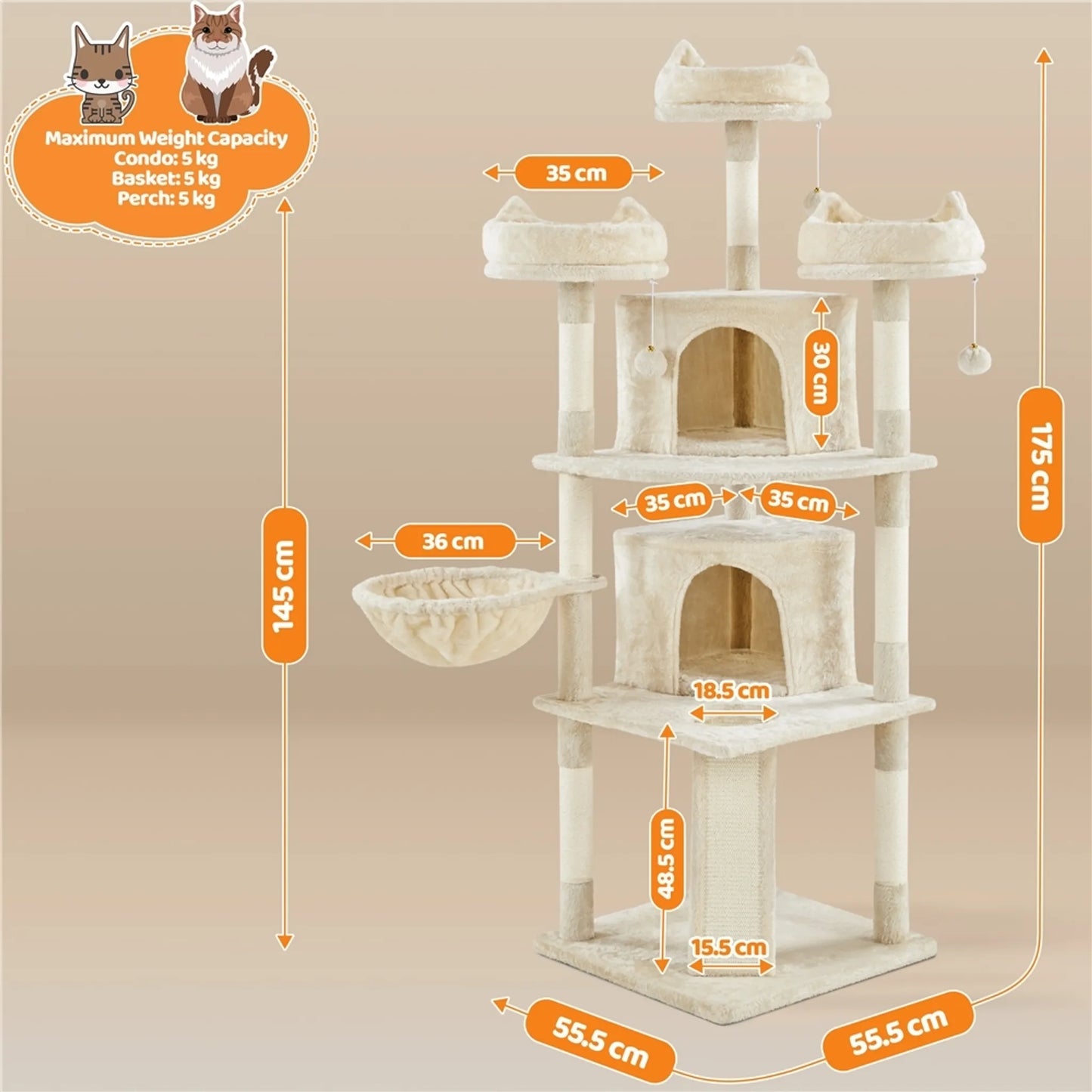 Yaheetech Krabpaal XXL Met 3 Uitkijkplatformen – Voorzien Van 2 Kattenholen En Krabplank En Anti-kantelsysteem – Voor Huishoudens Met Meerdere Katten – Beige Pluche En Sisal – 55,5 x 55,5 x 175 cm