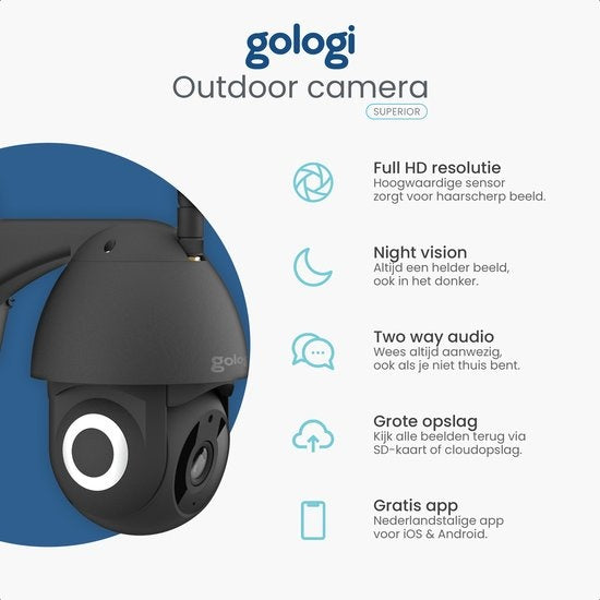 Gologi Beveiligingscamera – 3MP - Nachtzicht, Bewegingsdetectie & Two-Way Audio – WiFi & App – 10 x 11 x 17,5 cm – Zwart