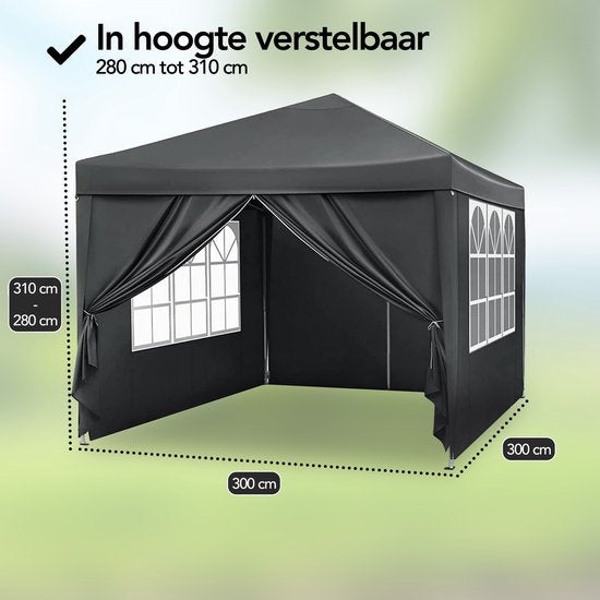 Brixy Partytent - Paviljoen - Easy Up - Opvouwbaar - Zijwanden - Waterdicht - Met Draagtas - 300 x 300 cm – Zwart