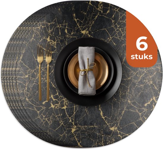 Castagnola Lederlook Placemats - Ronde Placemats - Antislip Placemat van Kunstleer - Waterafstotende Onderlegger - Onderzetter - 6 Stuks - Diameter 38 cm - Zwart/Goud