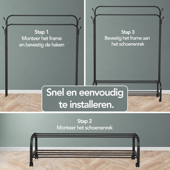 Brixy Kledingrek - Kledingrek Dubbel - Garderoberek Op Wieltjes - Kledingrek Met Schoenenrek - 98 x 34 x 159 cm - Zwart