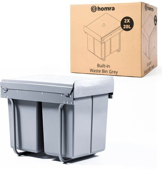 Homra Inbouwprullenbak – Uittrekbaar & Soft-Close – 2x20L – 34 x 48 x 41,5 cm – Grijs