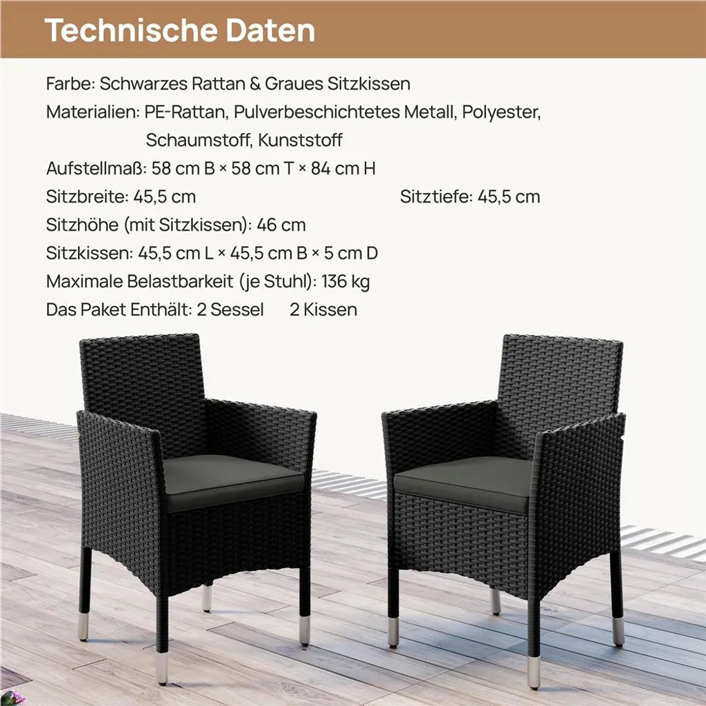Yaheetech Set van 2 Tuinstoelen 58 x 58 x 84 cm - Zwart/Grijs - Polyrattan Tuinstoelen met Zit- en Rugkussens