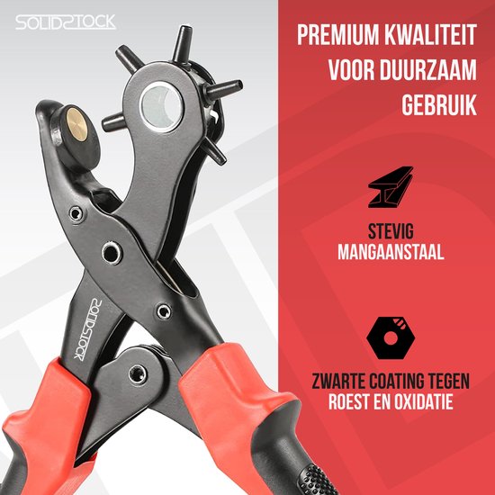 SolidStock Gaatjestang voor riem - met Meetlat - Ponstang - Revolvertang - Gatentang - Rood