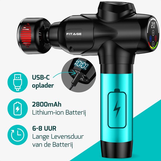 FITAGE  - Massage Gun Warm & Koud - 8 Opzetstukken - 20 standen - Zwart