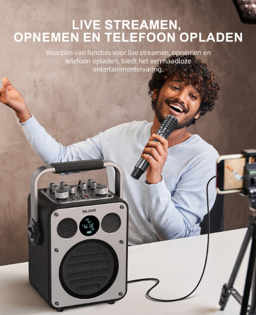 MLOVE D5 Karaoke Machine - 200W - 2 Draadloze Microfoons - Bluetooth - Zwart
