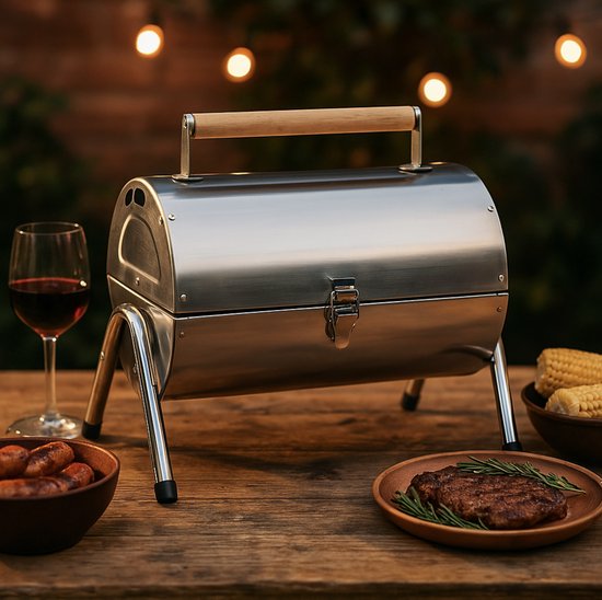 alpina Houtskool BBQ - Draagbare BBQ met Handgreep - Barbecue Camping met Ventilatie En Sluitclip - Houtskoolbarbecue Compact 38 x 30 x 19 cm - RVS