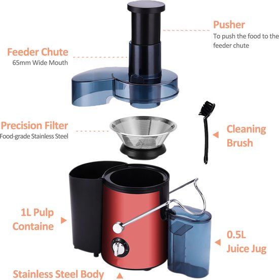 Fuegobird L811 snelle sapcentrifuge - Power Juicer - RVS - 400watt - Rood
