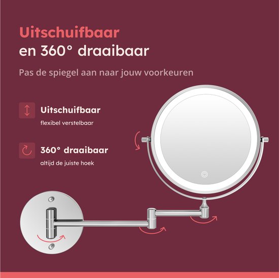 Fraay® Make Up Spiegel met LED Verlichting - 10x Vergroting - Vergrootspiegel met Licht - Oplaadbaar - Scheerspiegel - Badkamerspiegel - Chroom